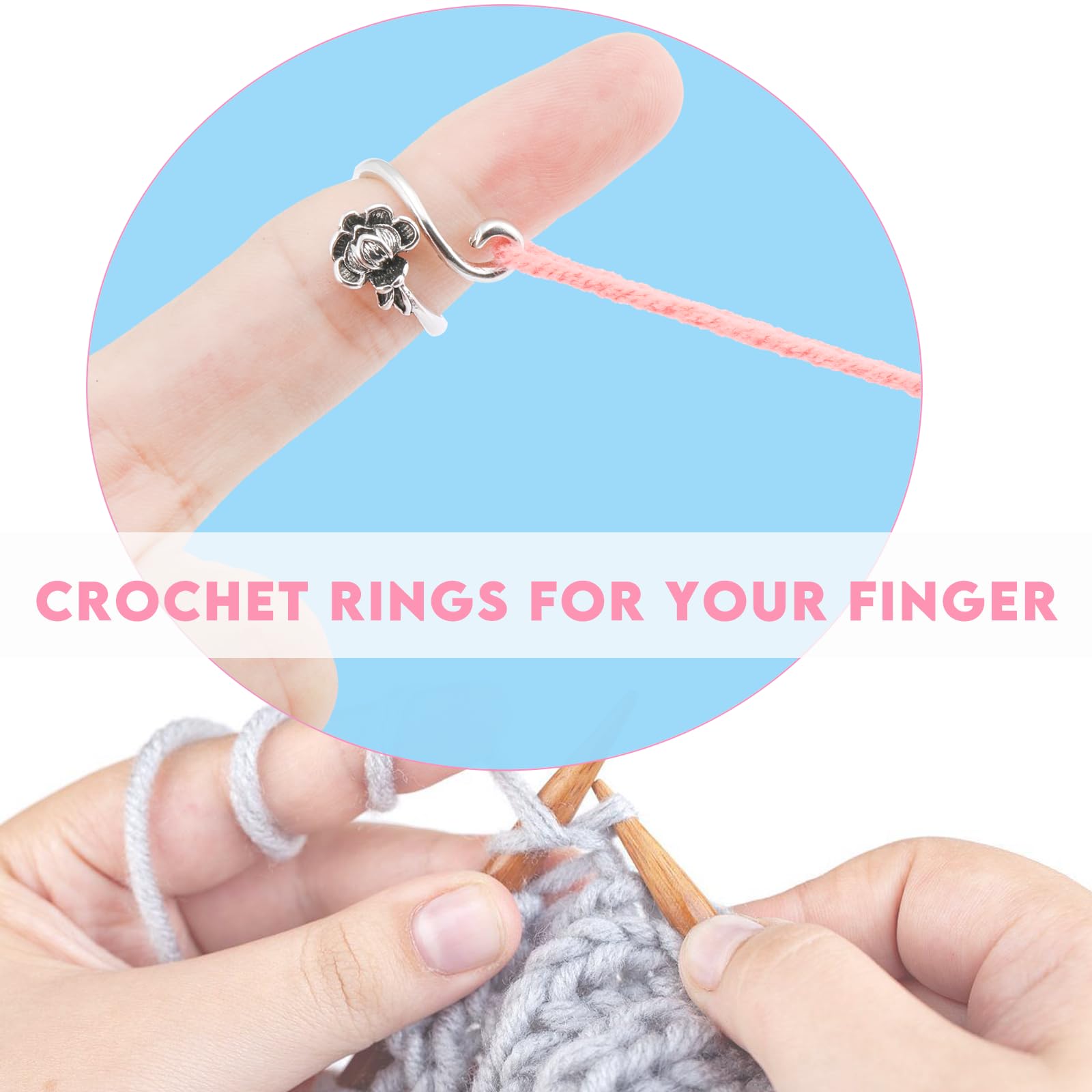 Hawflu Crochet Tension Ring for Finger Crocheting 3 Style Adjustable Yarn Tension Control Ring Handmade Lefties & Righties Cat Flower Knitting Crochet Rings for Crocheters Knitters with Box