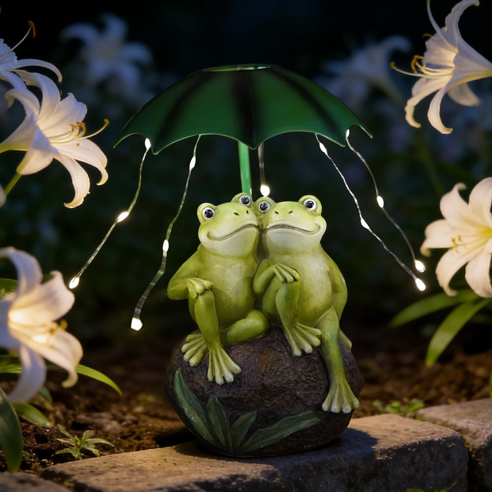 RNPKZ Solar LED Frog Garden Ornaments Outdoor, Solar Frog Statues Couple FrogOrnament Holding Umbrella with Light, Waterproof Solars Lights FrogFigurine Decor for Garden Yard Patio Gifts for Gardener