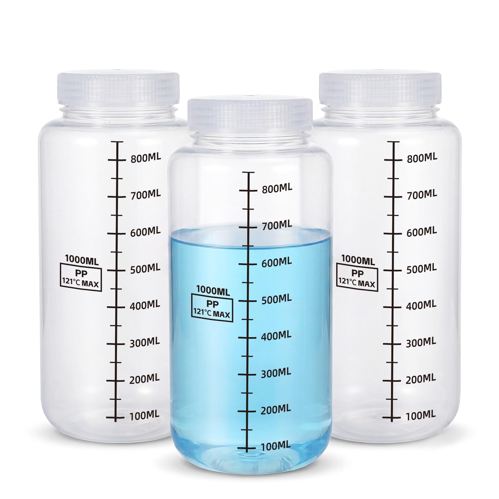 METAPACK 34 oz/1liter Wide Mouth Plastic Bottles with Airtight Lids, Graduated Food Grade PP Sample Containers, Leakproof for Water, Lab Liquids, Medicine and Powder Storage, Clear, 3 Pack