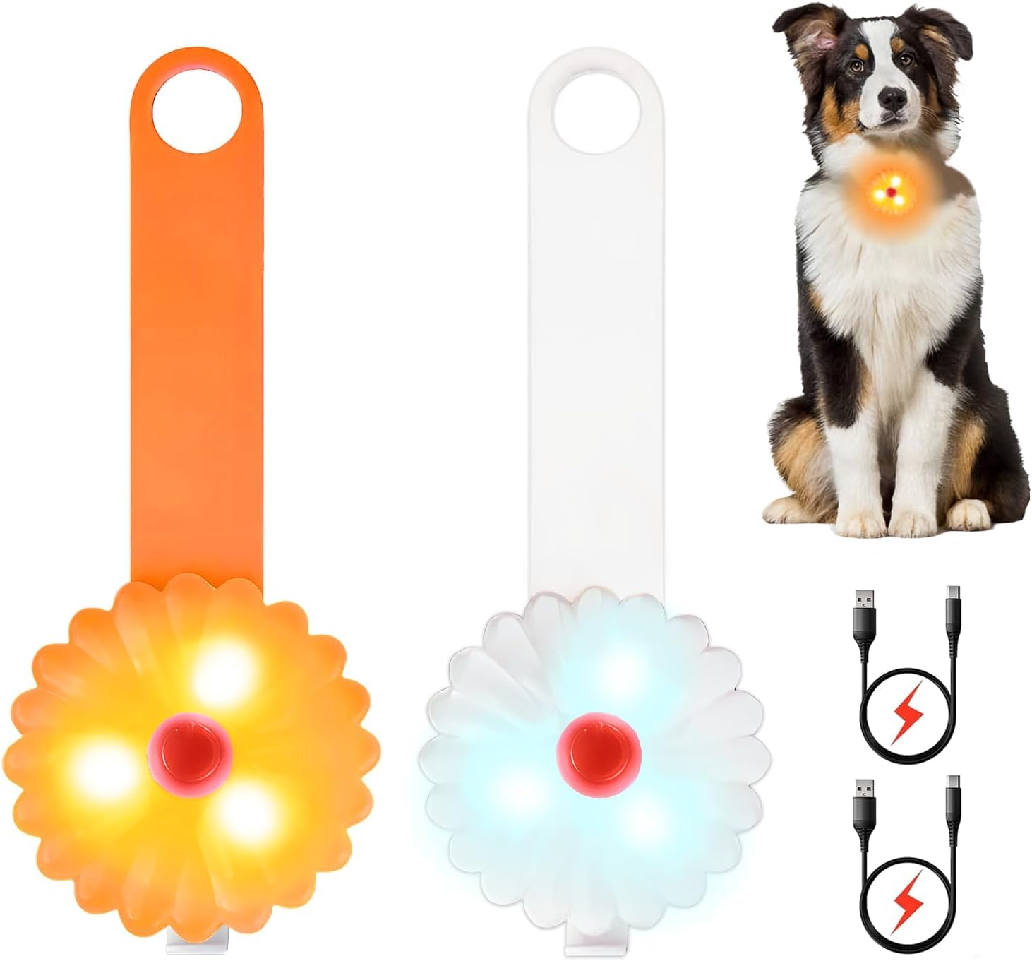 AHJ Dog Lights for Night Walking, 2 Pack Dog Safety Light, USB-C Rechargeable Dog Light Clip-On LED for Kids' Backpacks, Dogs, Runners, Joggers, Cyclists, Camping & Hiking (Orange and White)