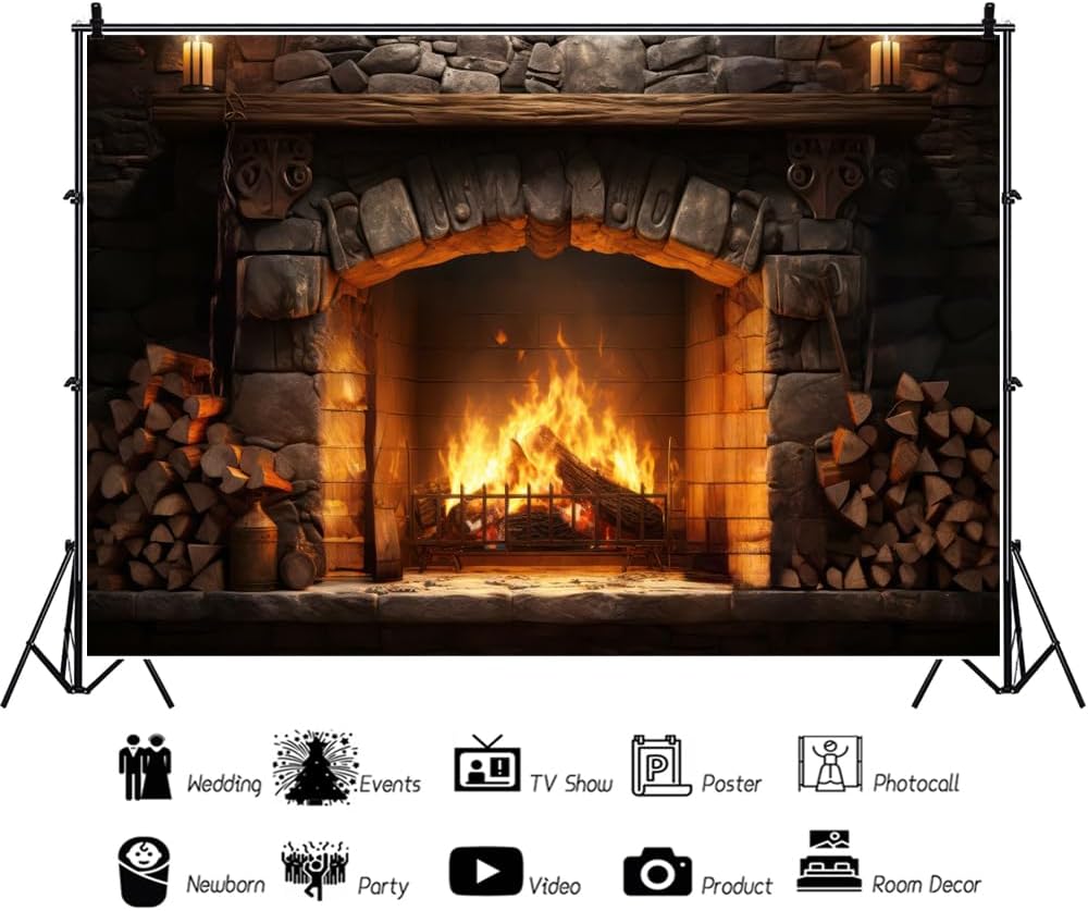 Laeacco 5x4ft Vintage Brick Stone Fireplace Backdrop Burning Firewoods Photography Background for Halloween Christmas Interior Decor Baby Shower Birthday Party Cake Table Banner Photo Booth Props - Image 3