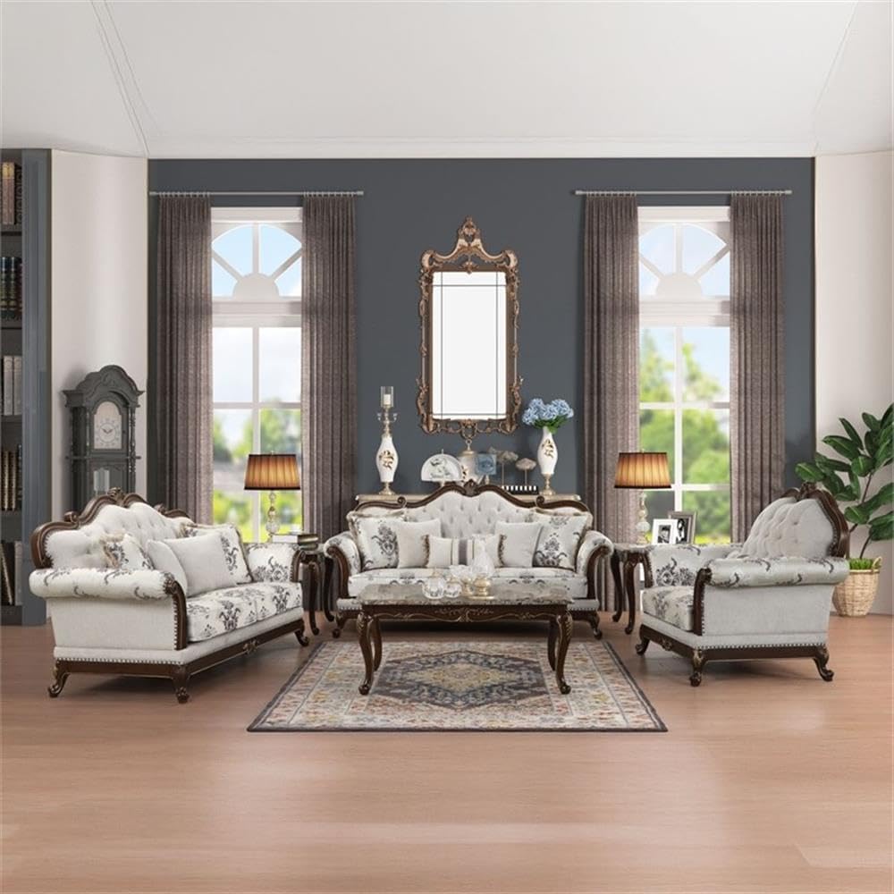Pemberly Row Traditional 2PC Button Tufted Living Room Set, White Fabric Upholstery, Cherry Wood Frame, Includes 9 Pillows, Classic Elegant Style for Residential Living Room Use
