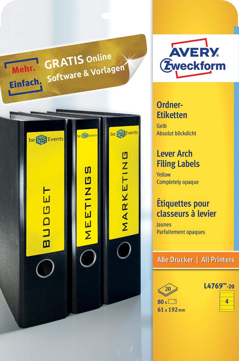 Avery Zweckform L4769-20 Folder Labels for Wide Folders Short e.g. for Leitz Elba Mehle Bene Biella 192 x 61 mm 20 Sheets