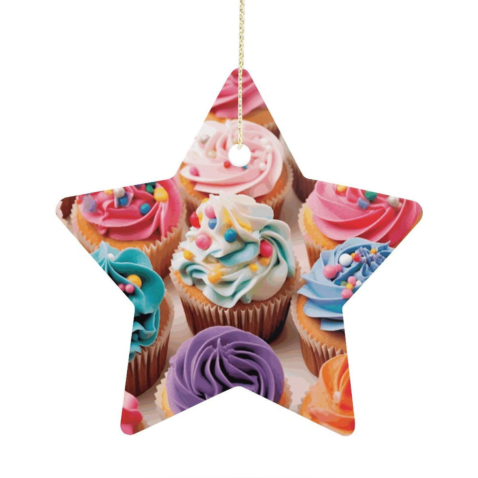 Birthday Cupcakes Stars Ornaments Ceramic Christmas Tree Hanging Light in Weight Christmas Star Pendants Funny Double-Sided Printed Xmas Ornaments for Gifts