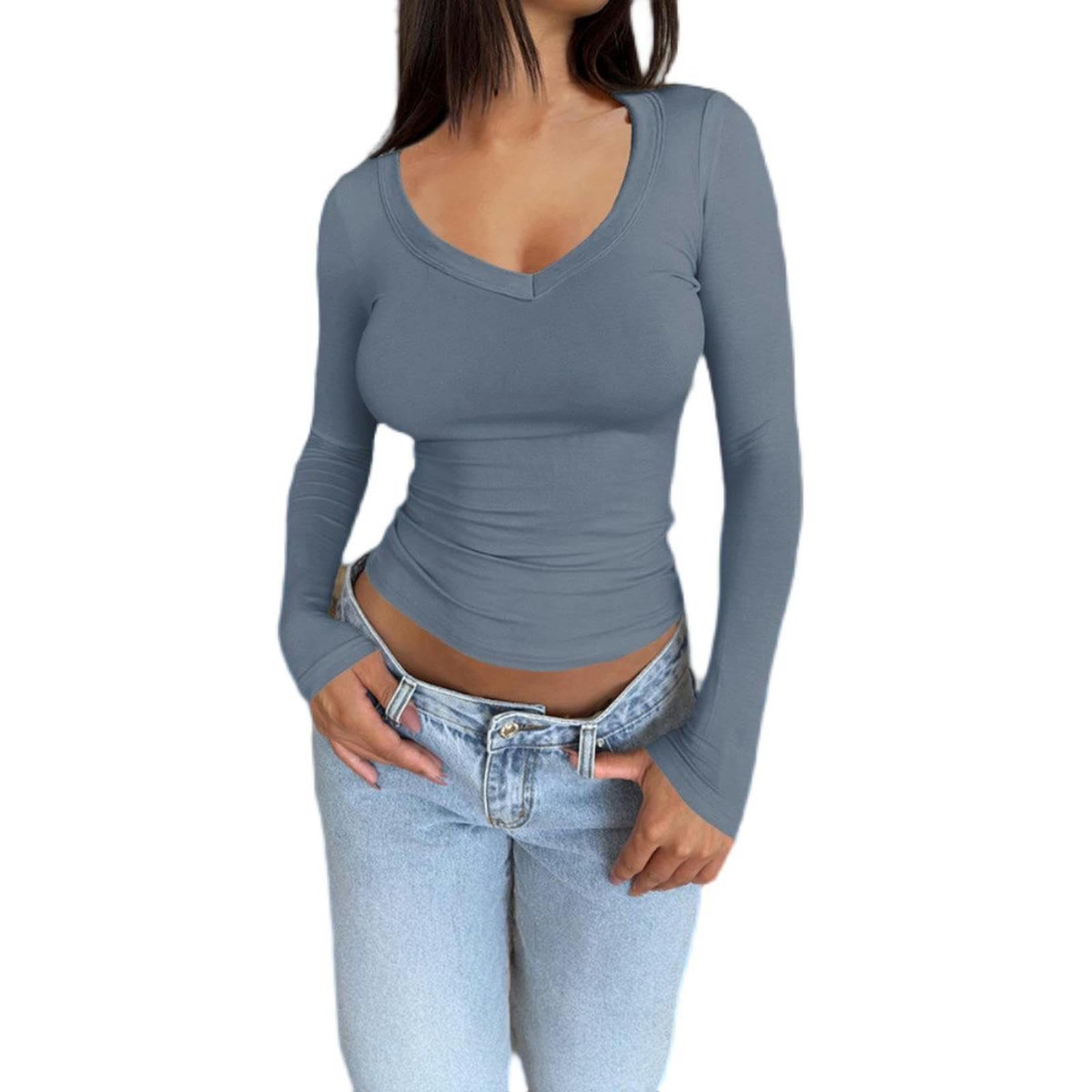 Blusa de Manga Larga con Escote en U para Mujer, Estilo Primavera-Verano, Color Verde Claro, Talla M