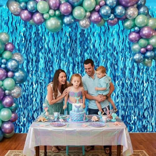 Image of TONIFUL Teal Blue Wavy Foil Fringe Curtains 2 Packs 3.3 x 6.6 ft Metallic Tinsel Door Streamers Backdrop for Baby Shower Bachelorette Beach Themed Birthday Ocean Under The Sea Party Decorations