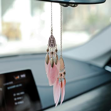 Mini Dream Catcher Car Interior Rearview Mirror Hanging Decor Nature Feather Small Boho Car Charms Pendant Accessories New Pink