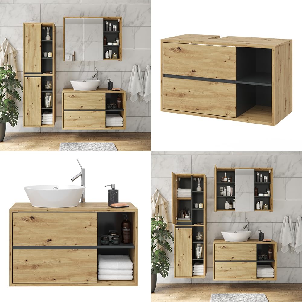 Vicco Waschbeckenunterschrank Viola, Artisan-Eiche, 100 x 60 cm, mit Siphonaussparung und offenen Ablagen zur Wandmontage