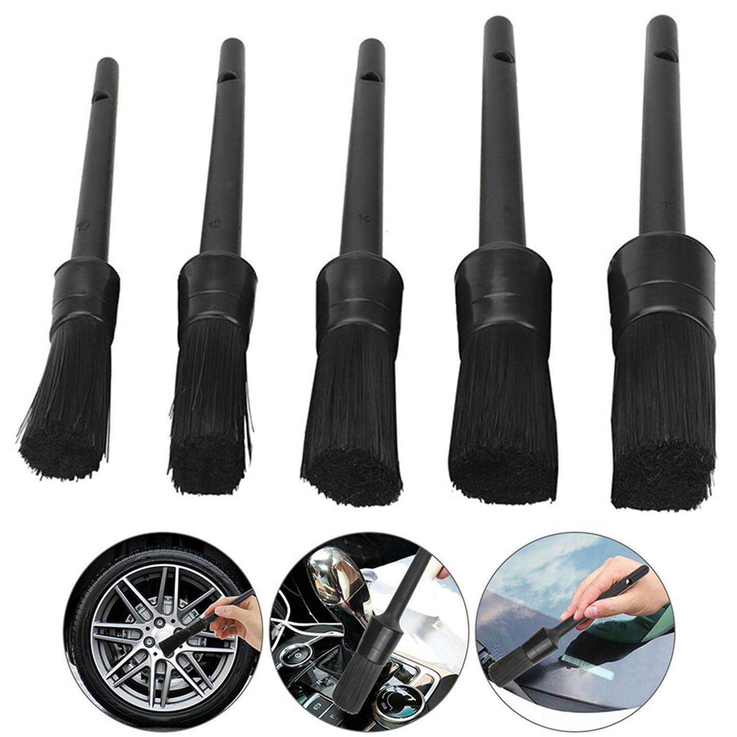 Auto-Detailing-Pinsel, lange Borsten, keine Kratzer, 5 Wildschweinhaar-Reinigungsbürsten-Set mit Kunststoffgriff für Armaturenbrett, Lüftungsschlitze, innen, außen, Motor und Räder, 5