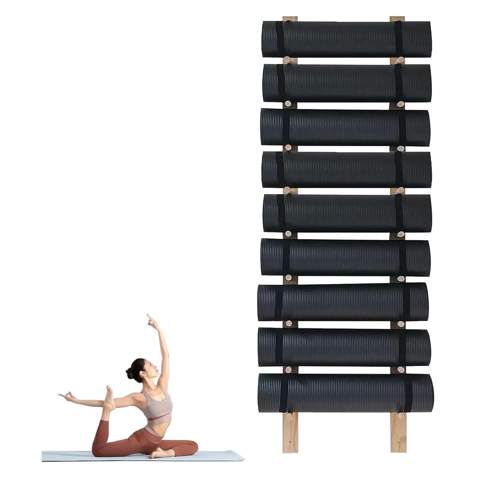 Yogamatten-Aufbewahrungsregal, 6-stöckiges, wandmontiertes Yogamatten-Aufbewahrungsregal – platzsparender Organizer für Heim-Fitnessstudio, Studio, Büro und Fitnesscenter – robuster Holzstän