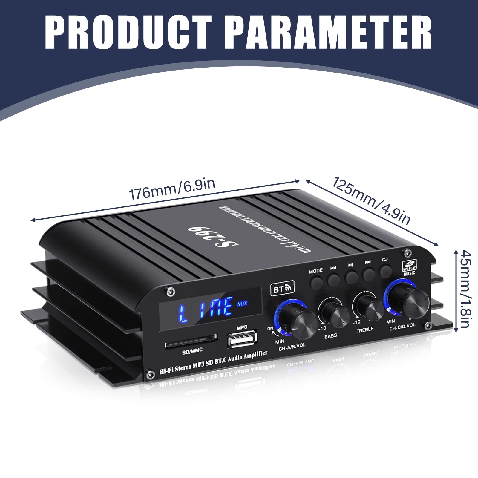 Amplificatore a 4 canali, amplificatore di potenza audio 1600 W, Bluetooth 5.0, 40 Wx4 con USB/Microfono/FM con telecomando, amplificatore Hi-Fi integrato per la casa o la tua auto