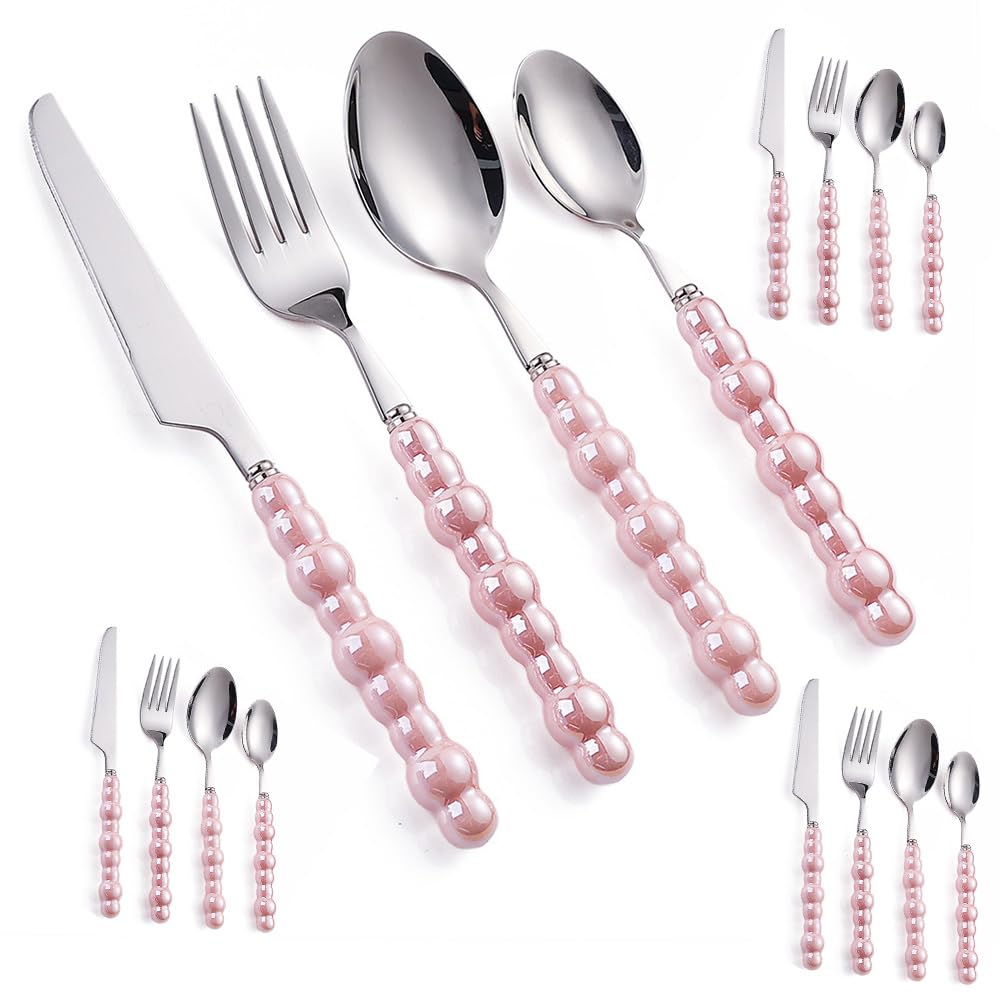 16 Pieces Creative Pearl Ceramic Handle Kitchen Stainless Steel Silverware Tableware Flatware Cutlery Set for 4 People?Creative Hotel Home Steak Knife Dessert Spoon (Pink)