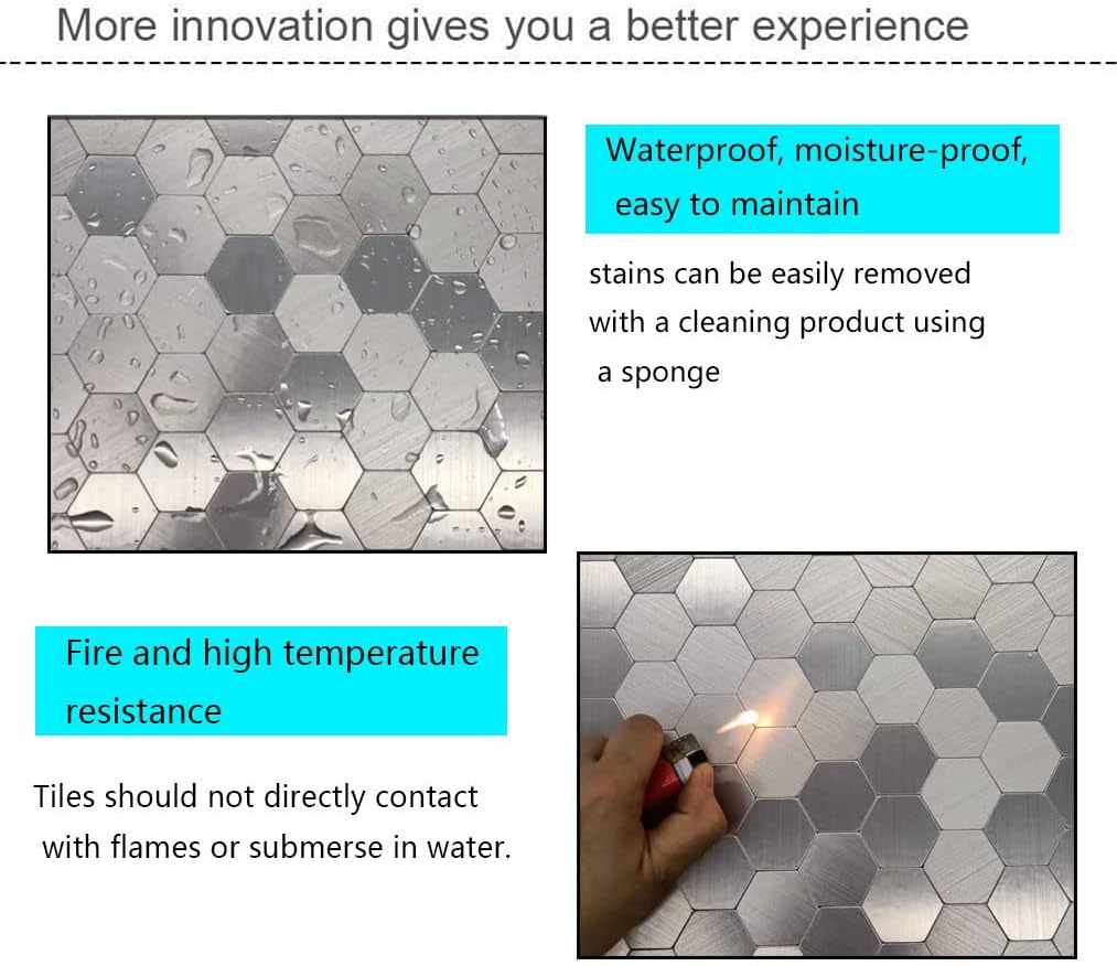 WEIMEISC 10-Sheet Peel and Stick Tile Backsplash, 0.15in Thickness Metal Mosaic Self Adhesive Tile for Kitchen Wall Bathroom Hexagon (Light Silver)
