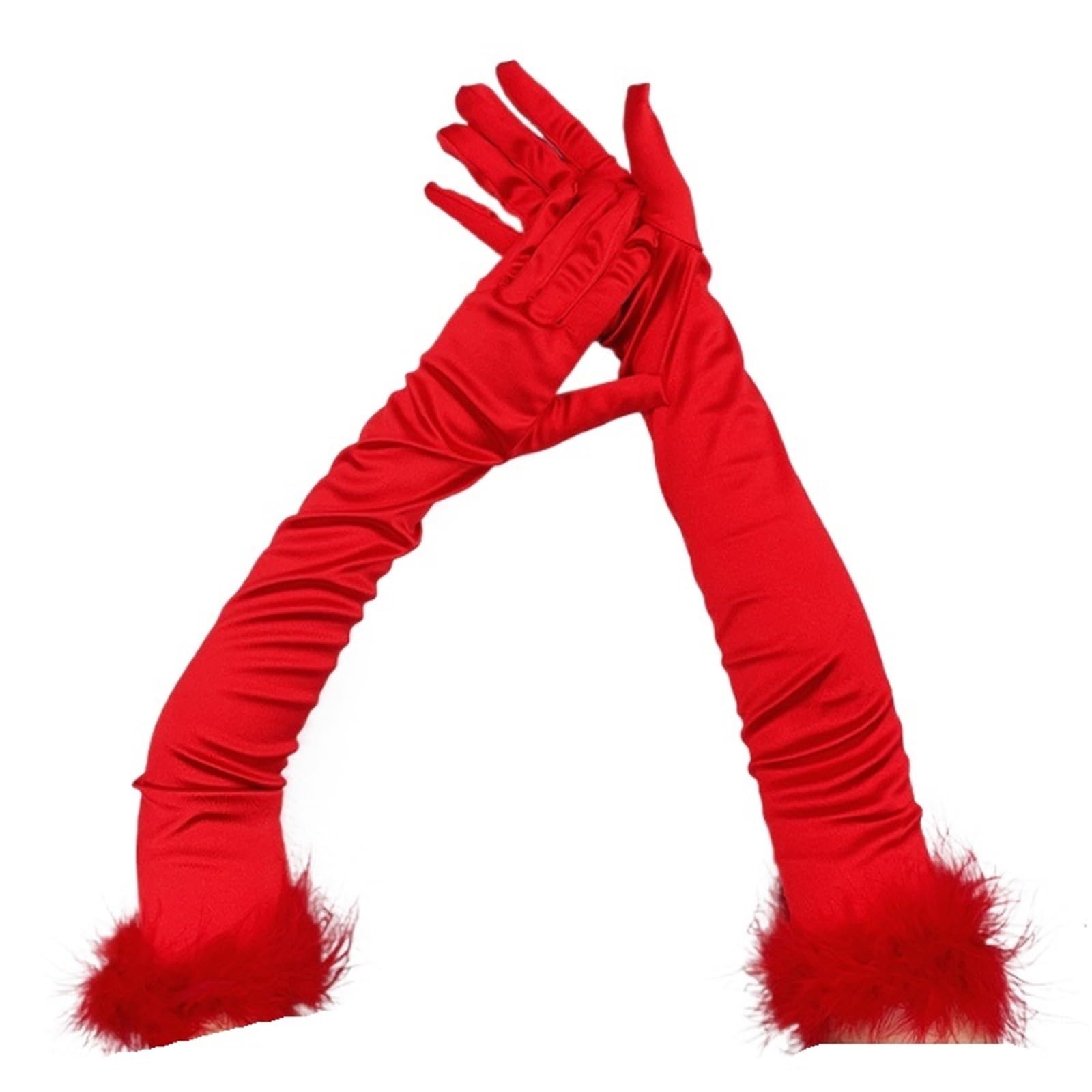 2 paia di eleganti guanti da ballo in raso con piume peluche, a dita intere for le donne, lunghi Halloween, accessori for feste