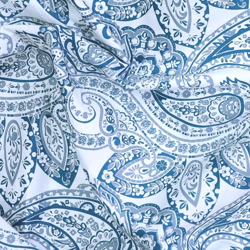 Image of Feather & Stitch Printed 500 TC Split King Size Sheet Set, 5 Piece Bed Sheets Set, 2 Twin Fitted Sheet, 1 King Flat Sheet & 2 King Pillowcases, 18 inch Deep Pockets Sateen Weave - Classic Blue Paisley
