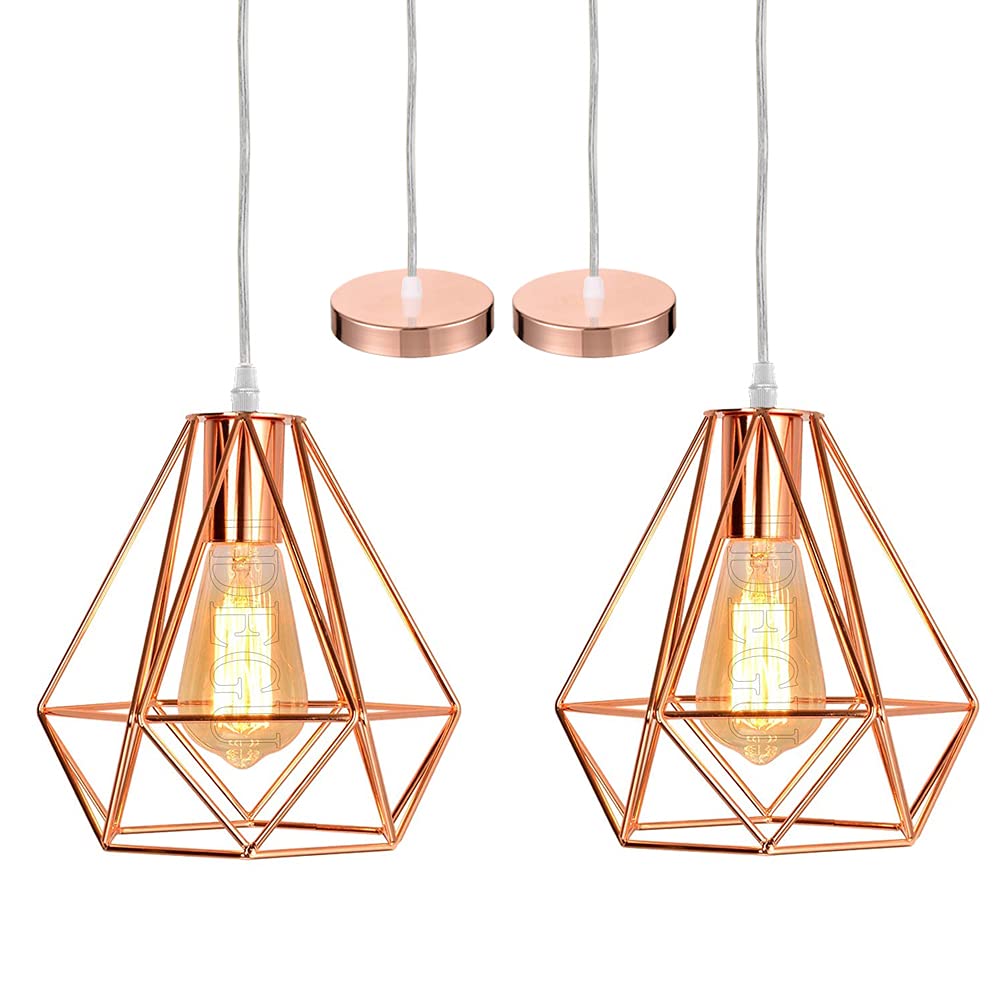 iDEGU 2 Stück Hängelampe Vintage Lampe im Industrie Design Käfig Lampenschirm aus Metall E27 Pendelleuchte Vintage Hängeleuchte für Esszimmer Küche Schlafzimmer Wohnzimmer (25cm, Roségold)