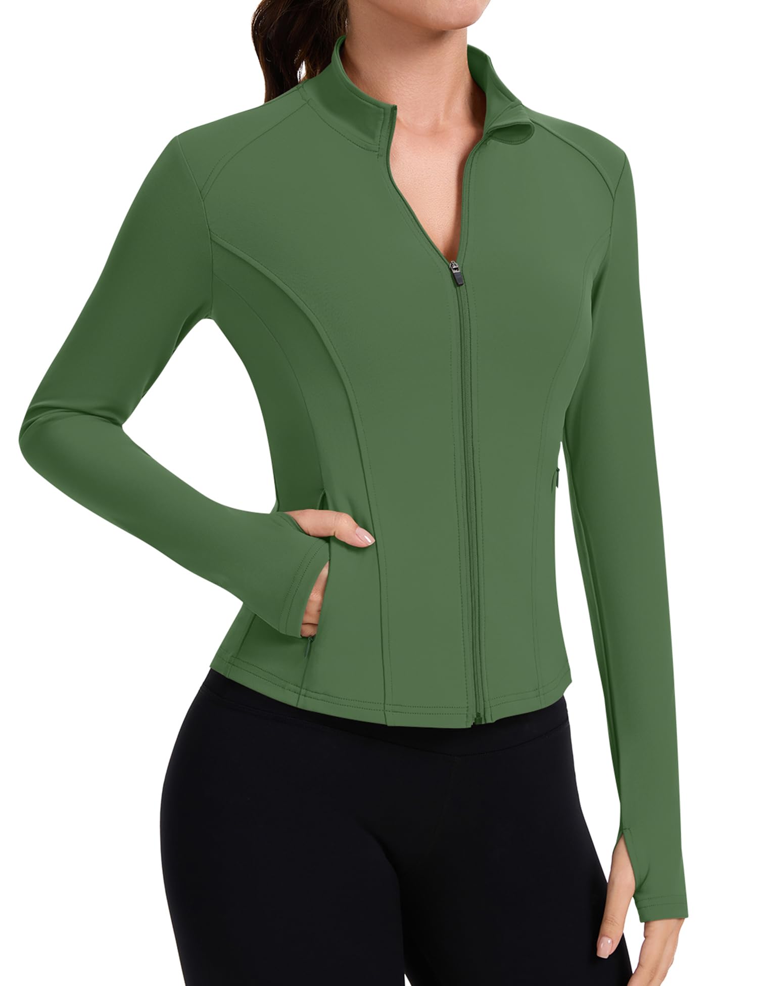 IECCP Sportjacke Damen Langarm Laufjacke Sportshirt Funktionsshirt Taschen Trainingsjacke Laufshirt Sport Oberteil Gym Yoga Tops mit Reißverschluss und Daumenloch