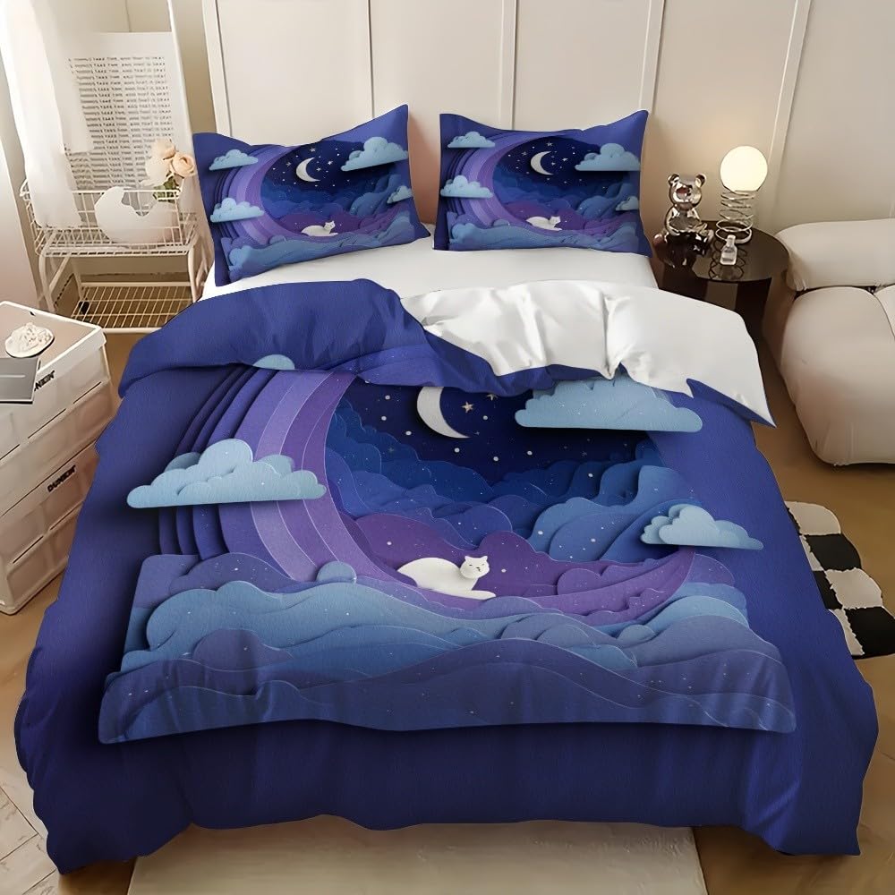 Housse de couette 140x200 cm chat abstrait avec 2 taies d'oreiller 65x65 violettes