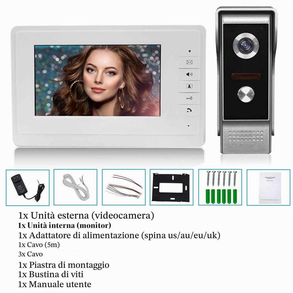 OBO HANDS Video Citofono Campanello 7''TFT LCD Cablato Kit di Videocitofono per la Casa Monitor Indoor 700TVL Telecamera per Esterni IR Supporto Sbloccare(1 Camera 1 Monitor)