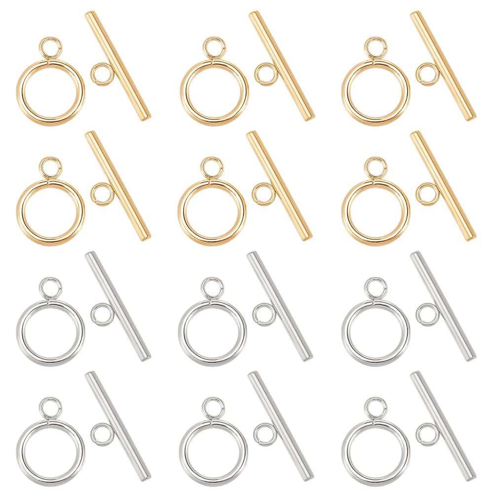 PH PandaHall 12 Sets 2 Colors 304 Stainless Steel Round Toggle Clasps Connectors for Bracelet Necklace Jewellery DIY Craft Making