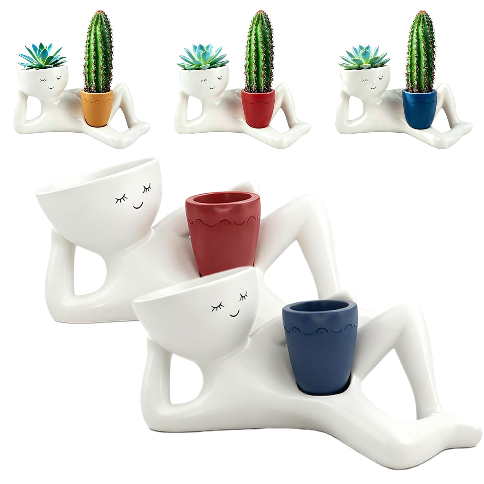 Mini Cute Lazy Guy Planter Set – Creative Breathable Succulent Pots with Synthetic Resin, Small Desktop Ceramic-Like Flower Pot for Office Home Decor, Gift for Plant Lovers (Blue*Red)