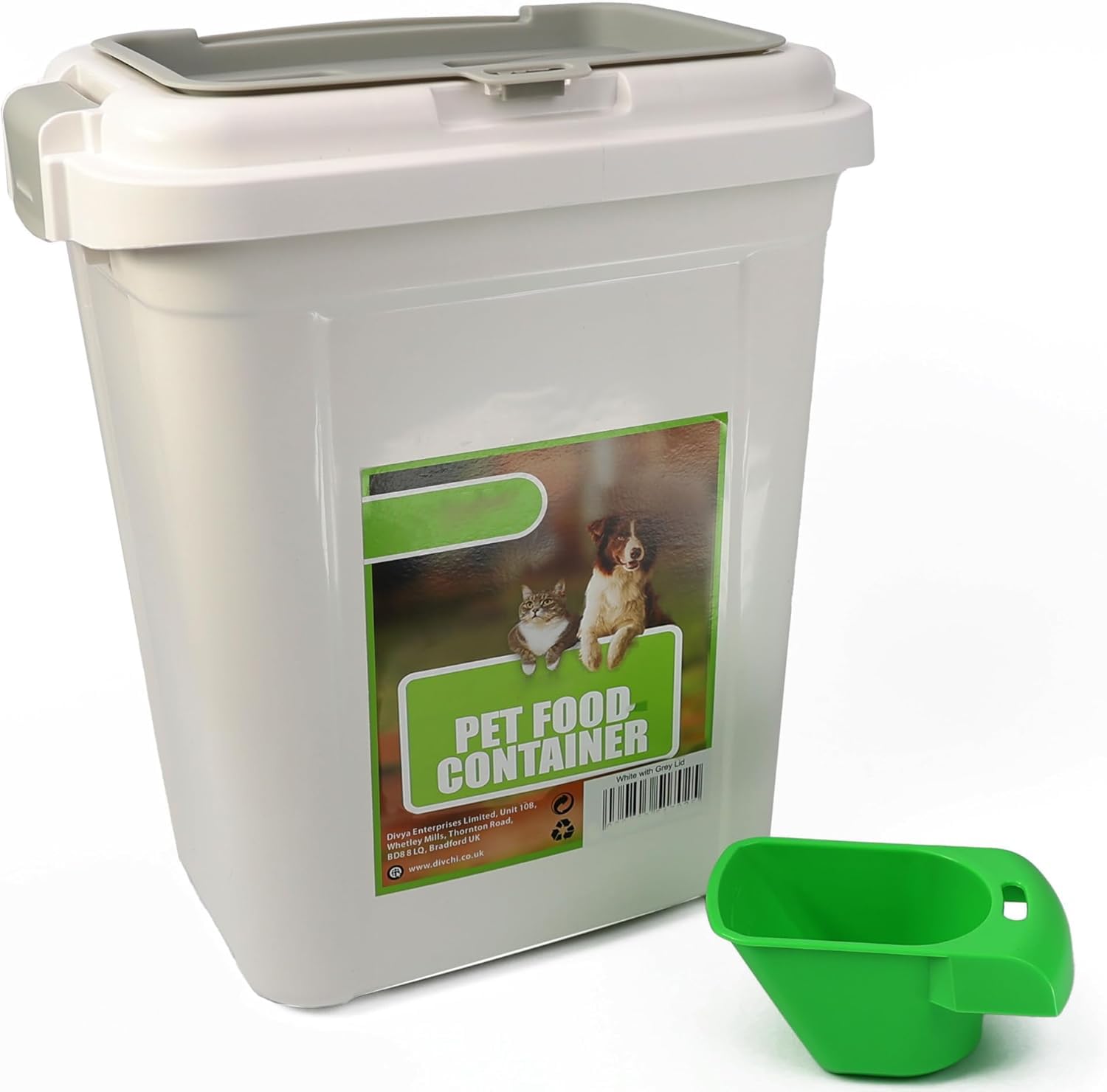 PRADICHI White 40L Pet Food Storage Container with Flip-Top Locking Lid - Airtight Dry Food Bin for Dogs, Cats & Birds - Includes Integrated Measuring Scoop - 15kg/25kg Capacity - Durable HDPE Plastic