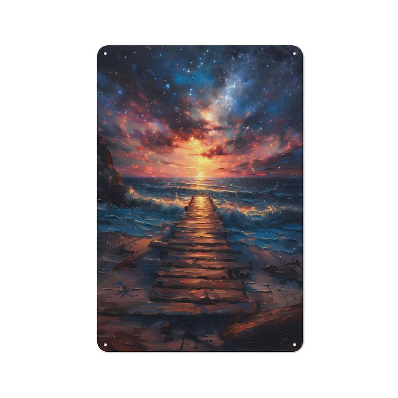 Junmoney Coastal Pier Sunset Retro Metal Sign 30X20cm For Lounge Or Reading Corner, For An Autumn Wall Display In Lounge And Reading Corner