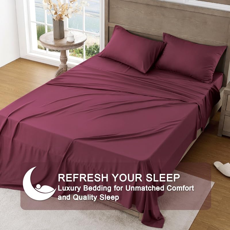 Image of FreshCulture Queen Sheet Set - Ultra Soft Sheets for Queen Size Bed - Brushed Microfiber - Deep Pockets - Easy Care - Cooling & Breathable - 4 Pieces Hotel Luxury Queen Bed Sheets (Burgundy)