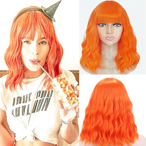 Pelucas cortas onduladas con flequillo, pelucas sintéticas coloridas rizadas, longitud media de hombro, naranja, mezcla de 14 pulgadas de naranja