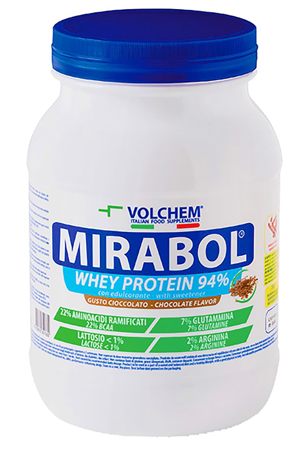 Volchem Mirabol Whey Protein 94, suplement diety z białkiem serwatki, 22% rozgałęzionych aminokwasów, z argininą i glutaminą, słoik z rozpuszczalnym proszkiem, czekoladowy smak, 750 g