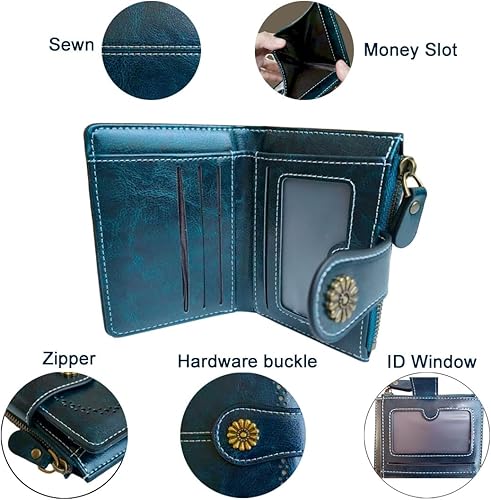 Miniatura 5 de Billetera para mujer, plegable, con bloqueo RFID, de cuero, tarjetero compacto con bolsillo para monedas con cremallera, Azul eléctrico, Pequeña,