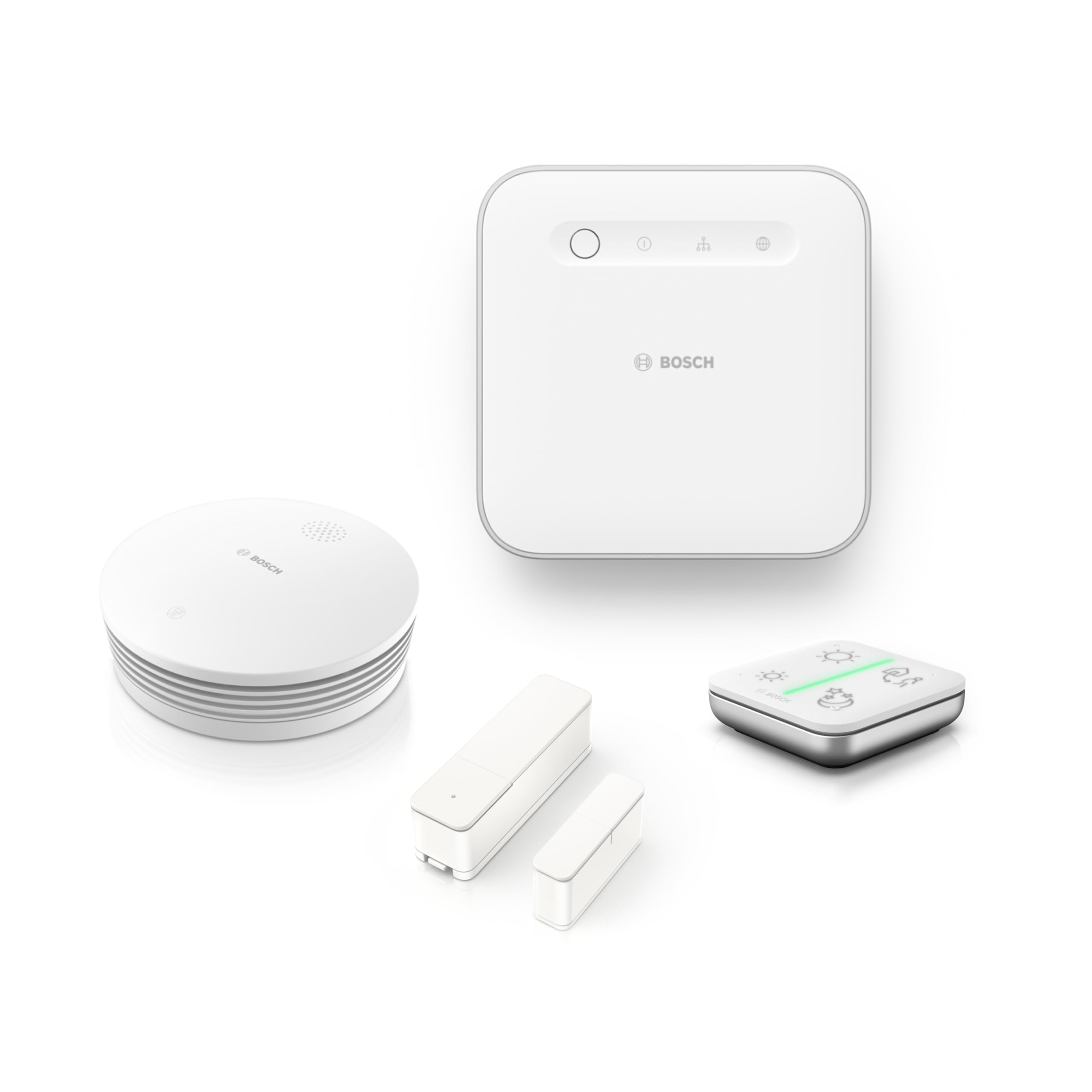 Set iniziale sistema di allarme Bosch Smart Home, 1x controller II, 1x rilevatore di fumo II, 1x contatto porta/finestra II Plus, 1x interruttore universale II