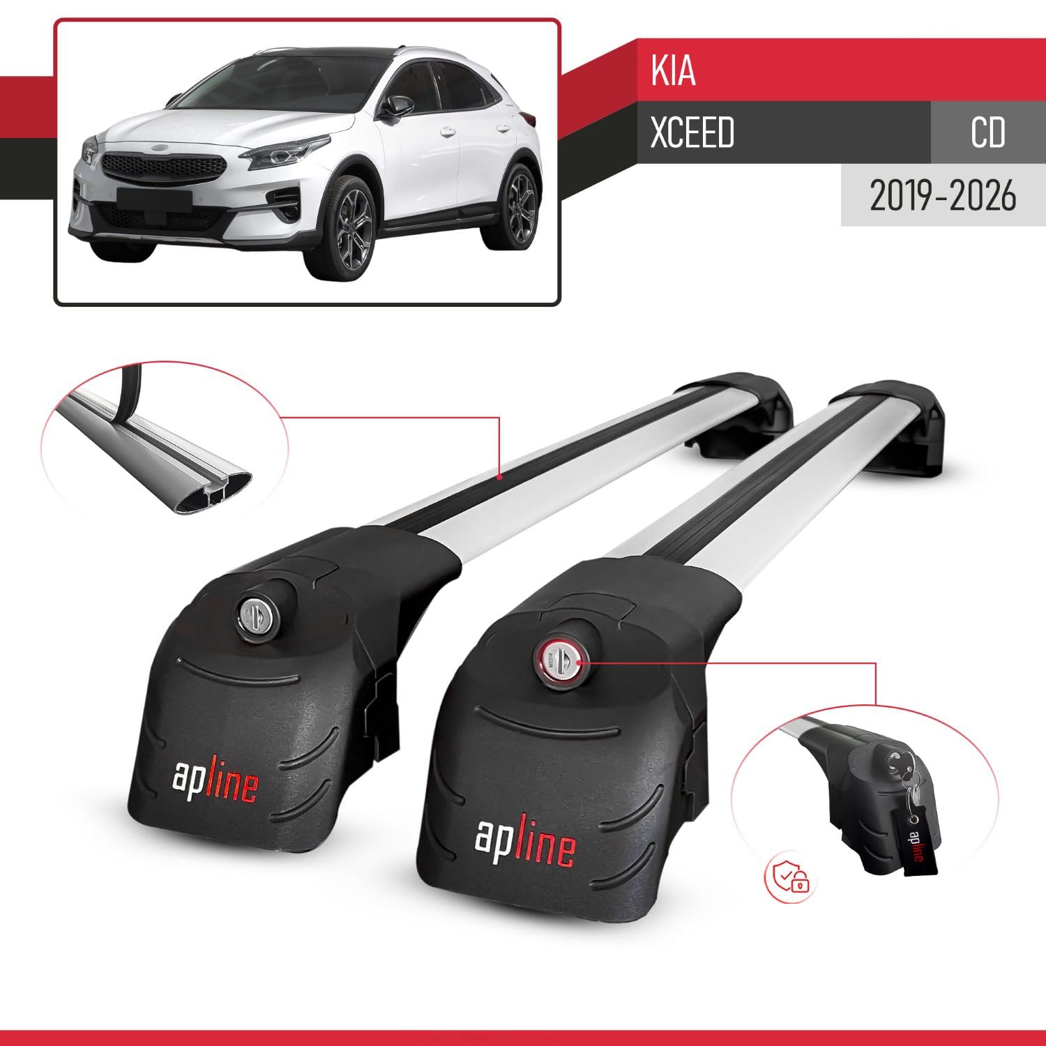 Compatible con Kia XCeed (CD) 2019-2026 Modelo Ace-2 Barra de Techo Auto Portaequipajes Barras Transversales Gris Aluminio 2 Barras