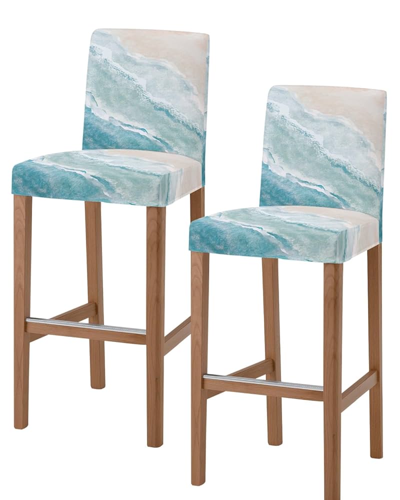 Summer Beach Anchor Nautical Bar Stool Covers - Stretch Dining Chair Covers Set Of 2, Ocean Coastal Teal Wooden Bar Chair Covers Removable Counter Stool Pub Chair Slipcovers Protectors For Kitchen