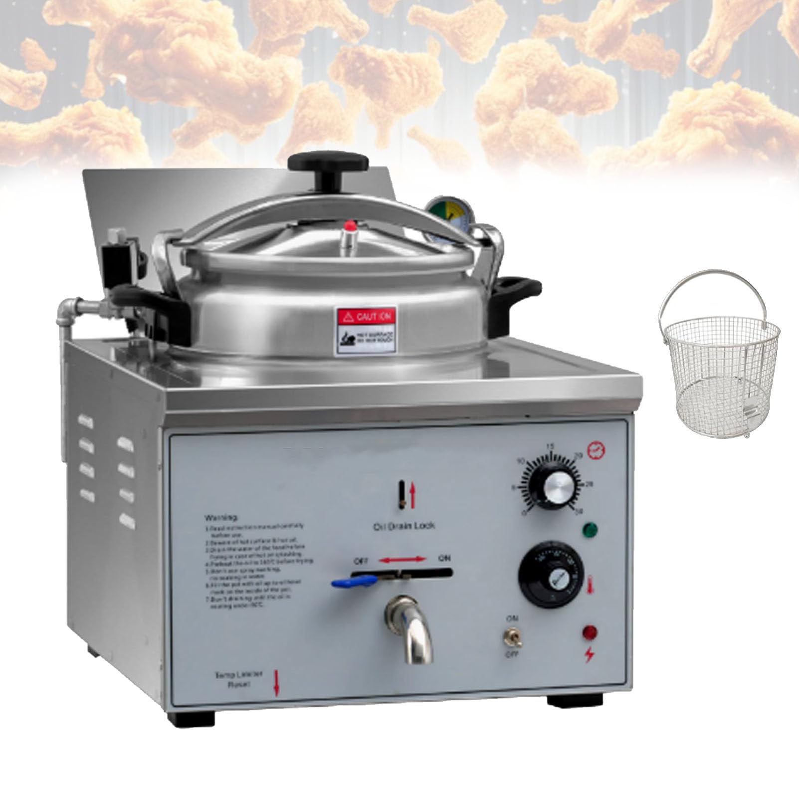 YXYLJOZ 16L Countertop Pressure Fryer, Stainless Steel Commercial Electric Deep Fryer with Timer, Variable Thermostat, High-Pressure Fryer for Snack Bars