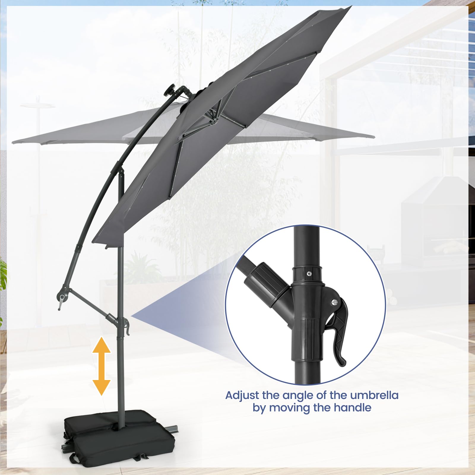KOMFOTTEU Parasol Déporté Rond 3x3M inclinable, avec Pied & LED