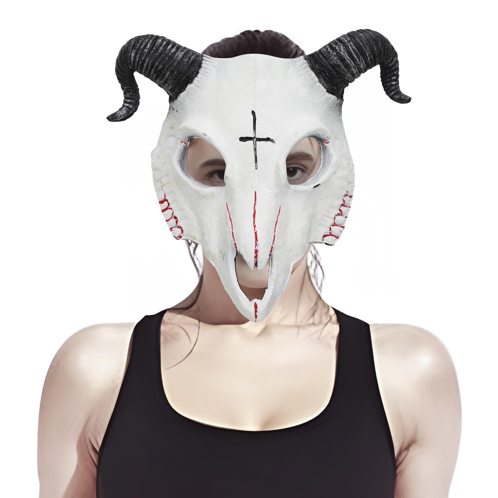 TINAYAUE Unisex Goat Skull Mask Scary Halloween Masks PU Devil Mask for Women Men Lifelike Sheep Horns and Elastic Belt Carnival Animal Theme Party Cosplay Props Stage Performance Costume Accessories - Image 3