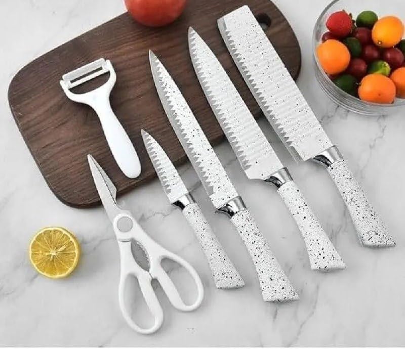 Marco Almond 6 Pieces Black Knife Set,Dotted Handles,Non-Stick Blades,Including Peeler and Scissor,Kitchen Cutlery Knives Set,Cooking Utensil Sets,Daily Use with Gift Box(White PRIMMUM)