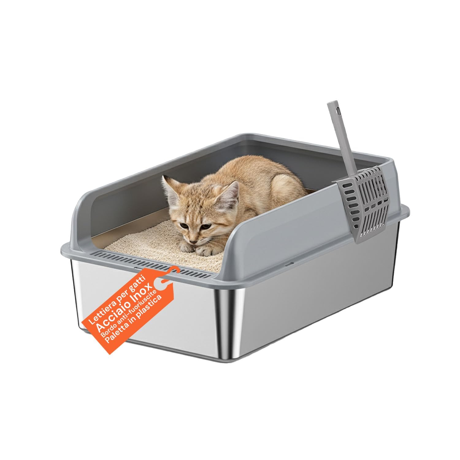 Wintem - Toilette per Gatto in Acciaio Inox con Coperchio Anti-Schizzo e Paletta Inclusa, Lettiera dal Design Igienico Facile da Pulire e Anti-Odore per Uso Quotidiano