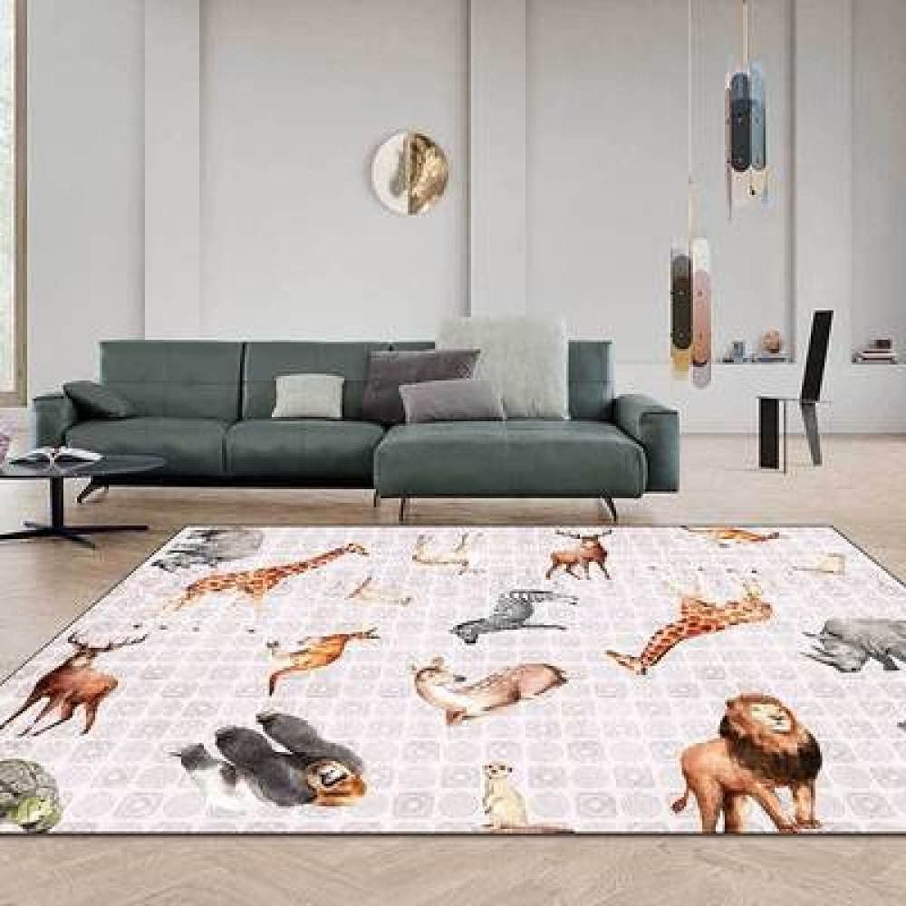 Rururug Alfombra de Sala Grande Zoo geométrico Blanco Dormitorio Infantil Dormitorio Antideslizante Alfombra 200 x 300 cm