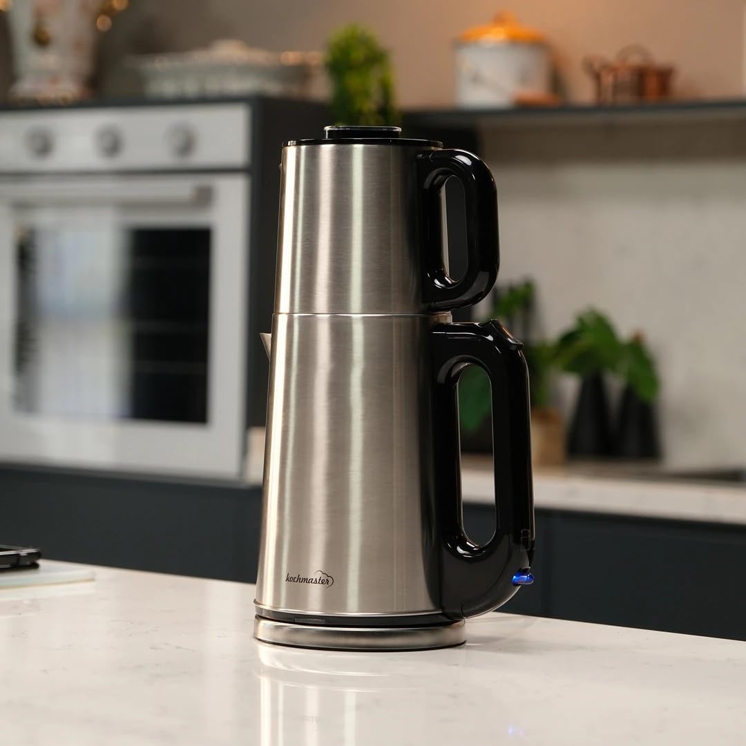 Dem Efendi Teekocher – 2,0L + 1,0L, 1800W, Edelstahl Teemaschine, Warmhaltefunktion, 360° Basis, Türkischer Teekocher
