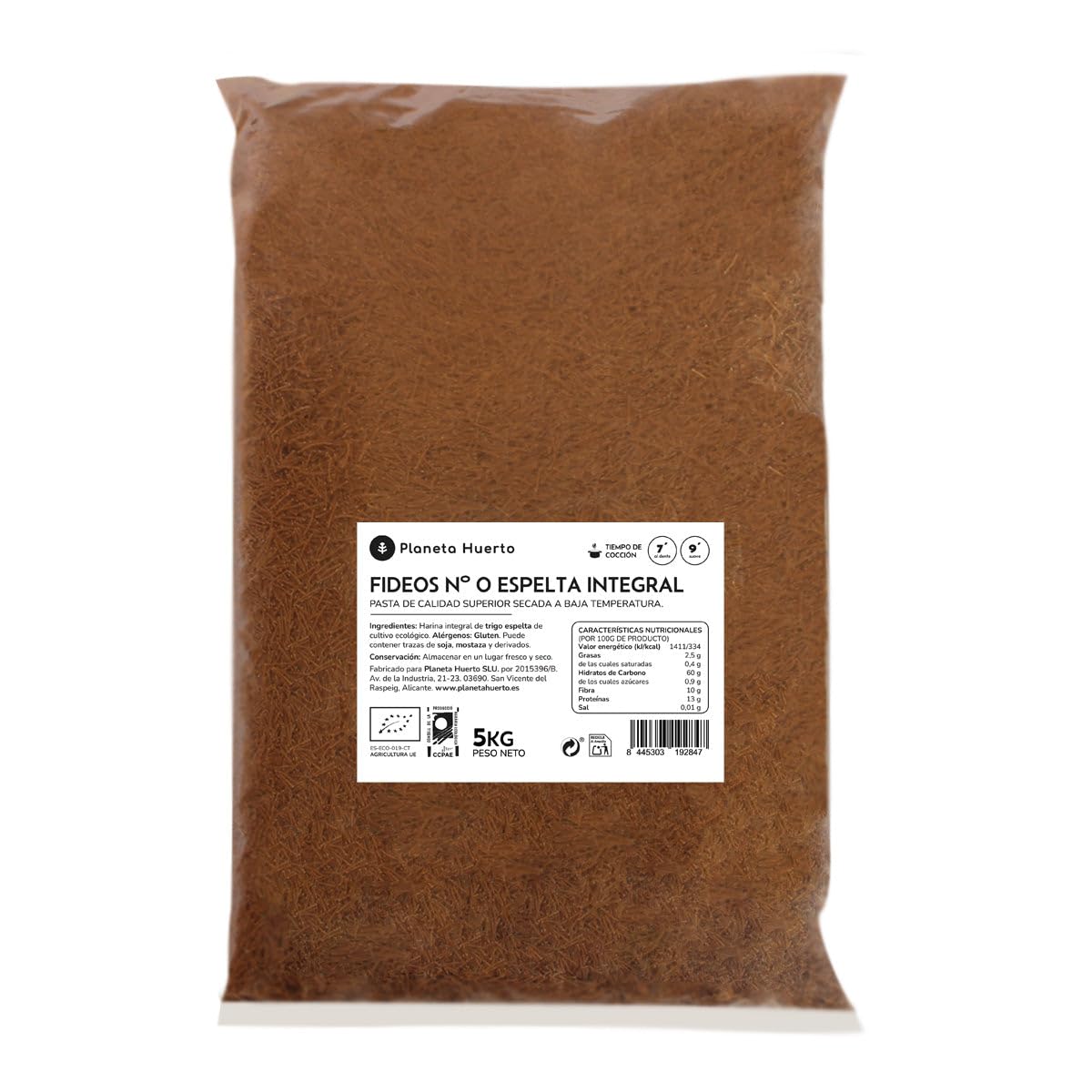 PLANETA HUERTO | Fideos nº0 de espelta integral ecológica 5 kg, pasta fina sin aditivos Ricos en fibra y proteínas - Fideos ideales para sopas, caldos y preparaciones ligeras