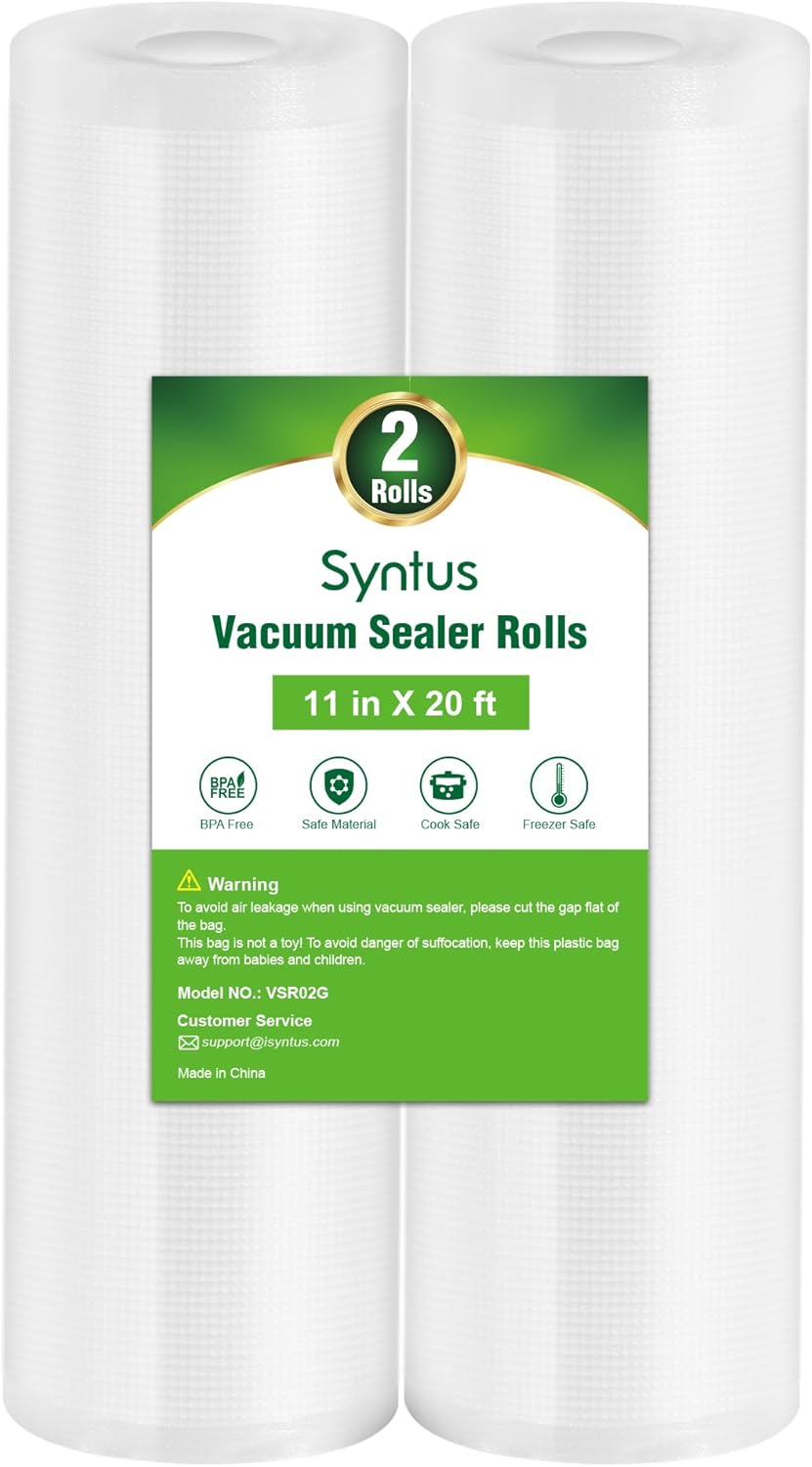 Syntus Vacuum Sealer Bags for food, 2 Pack 11" x 20' Commercial Grade Bag Rolls, Food Vac Bags for Storage, Meal Prep or Sous Vide 2 11" x 20'
