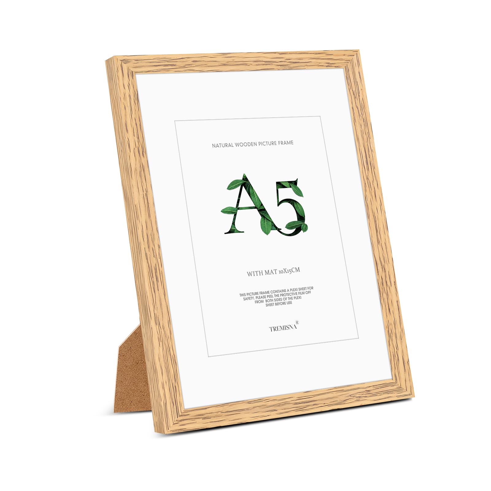Tremisna® 1x A5(14.8x21cm) Natural Wood Picture Frame – Removable Mat for 10x15cm Photos or A5 Without Mat, HD Perspex, Stand for Tabletop & Wall Hanging