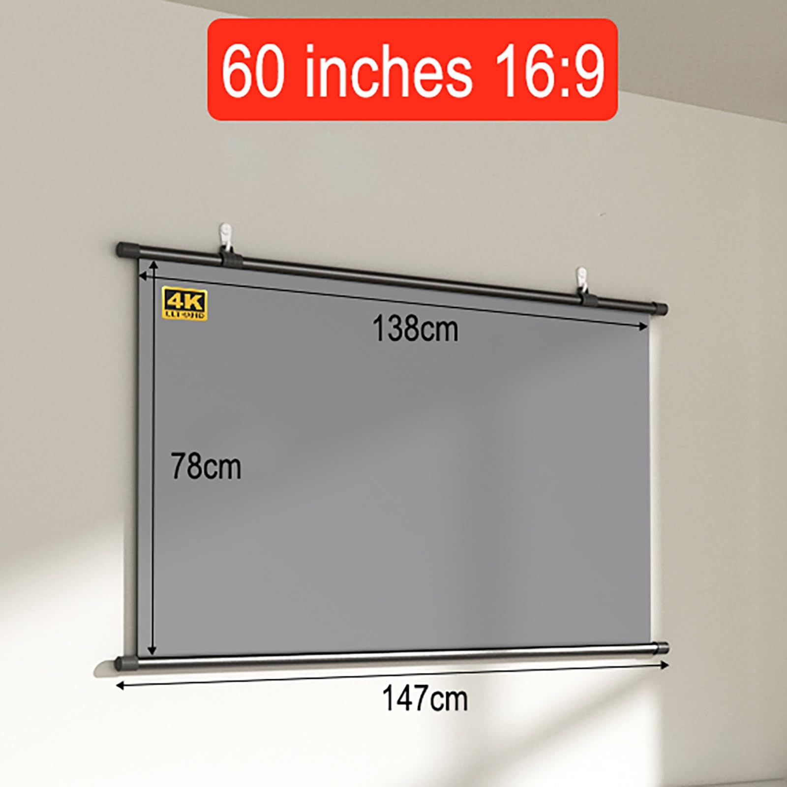 Schermo Proiettore Anti-luce manuale in metallo, Schermo per Proiettore a Scomparsa da 60" 72", Telo Proiettore per interni ed esterni, Schermo per Proiezione con Tenda per Proiettore HD(16:9,60")