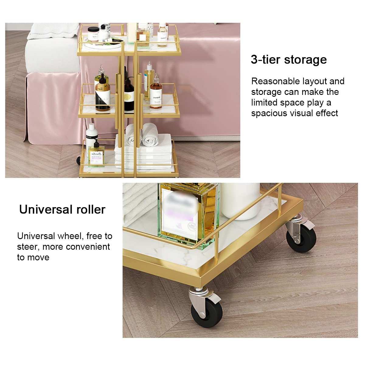 Carrito utilitario de 3 niveles con estantes de mármol blanco que ahorra espacio, carrito de servir para salón, hogar y hotel, elegante para una fácil instalación y movilidad
