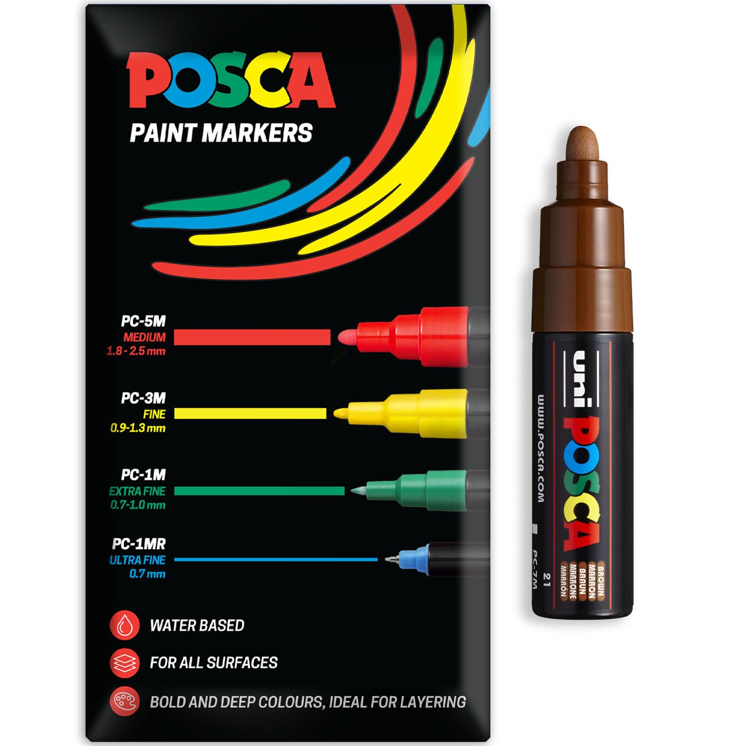 Posca Water Based Acrylic Paint Marker Pens | Multi Surface Use Permanent Paint Pen | Pack of 1 in Envelope Gift Packaging | Glass, Fabric, Canvas, Wood etc | PC-7M, Brown