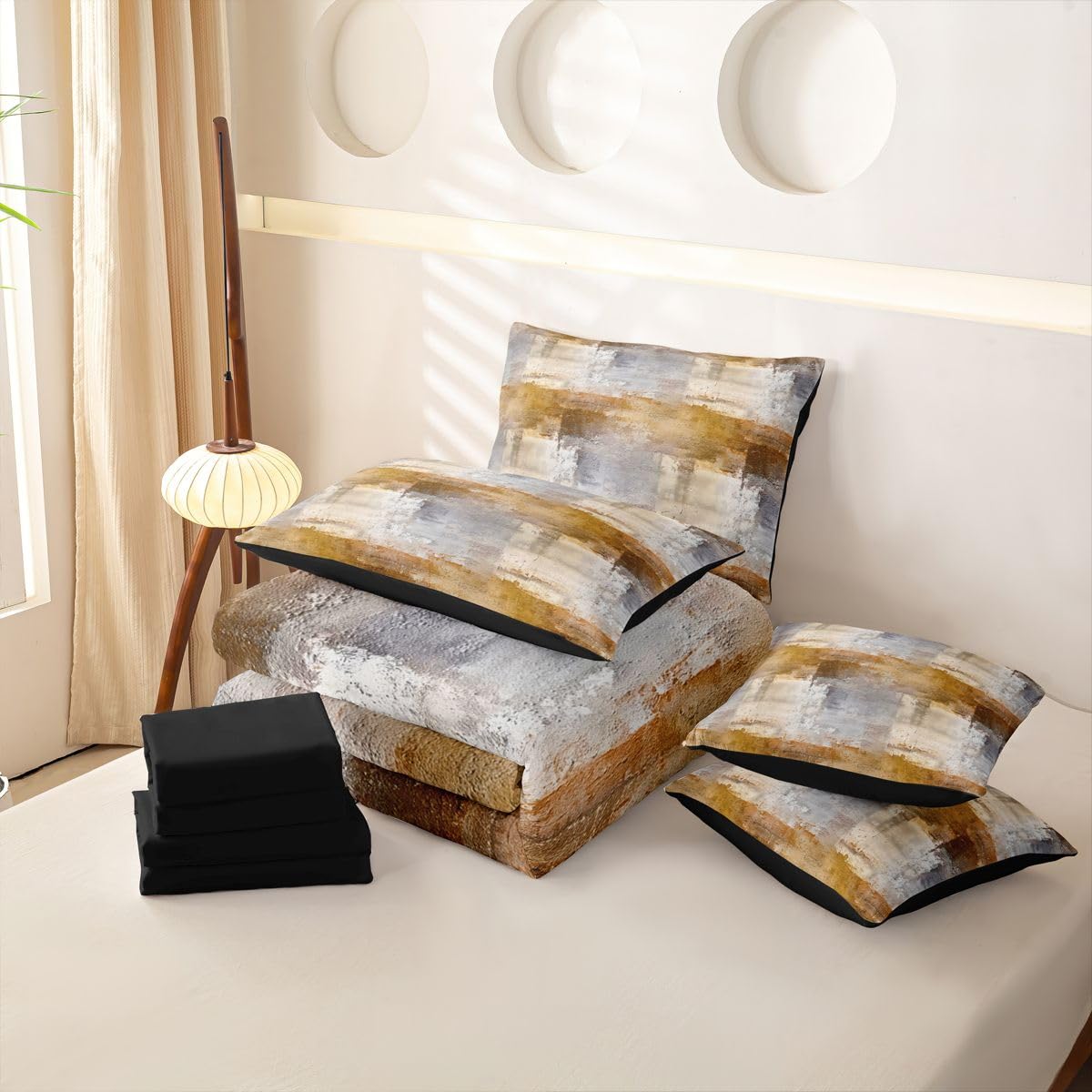 Loussiesd Set di biancheria da letto con copripiumino singolo astratto con lenzuola, per bambini, ragazzi e ragazze, motivo geometrico grigio arancione ombré, 7 pezzi, arte astratta moderna
