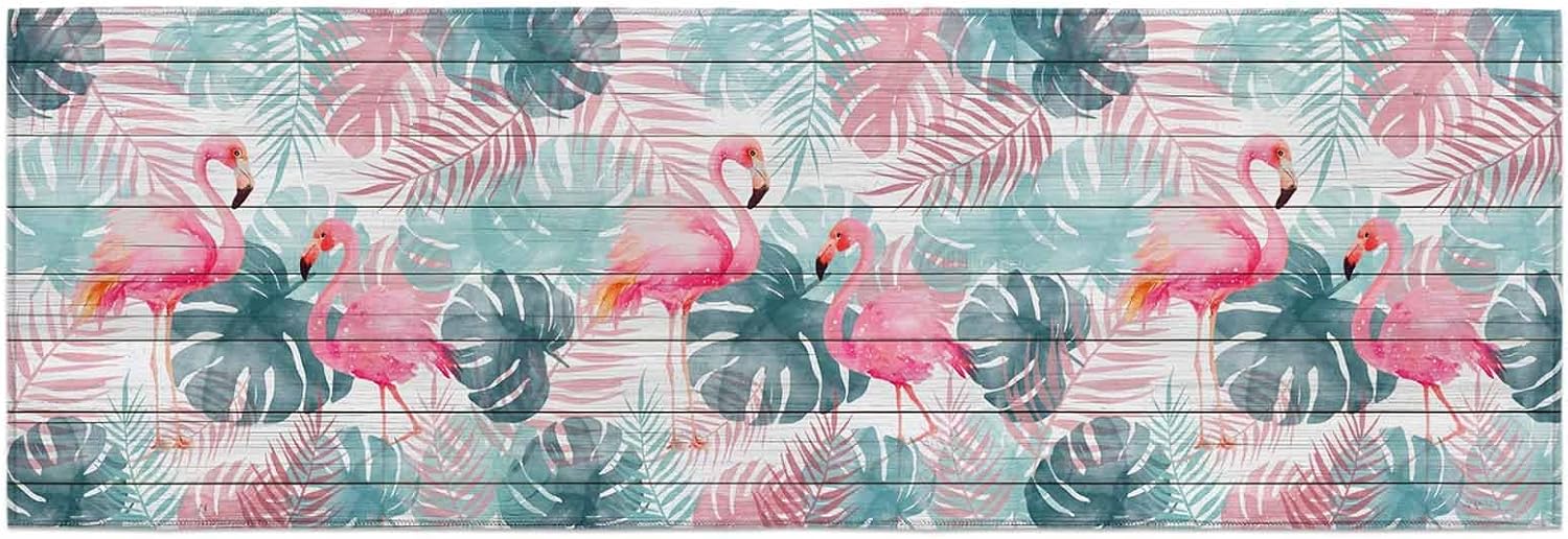 Teamery Kitchen Mats for Floor Summer Pink Flamingo Wood Plank Washable Non Slip Kitchen Rugs 1PCS, Colorful Palm Leaves Absorbent Standing Mats for Sink Bathroom Office Living Room 15.7x47.2in