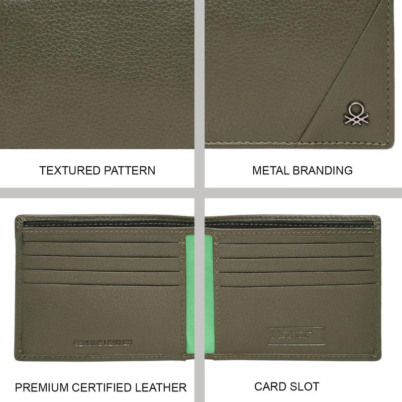Image of United Colors of Benetton Men's Minimalist Leather Slimfold Wallet Gladbeck - Olive | Thin Bifold with 8 Card Slots & 2 Compartments | Stylish Purse of Gents